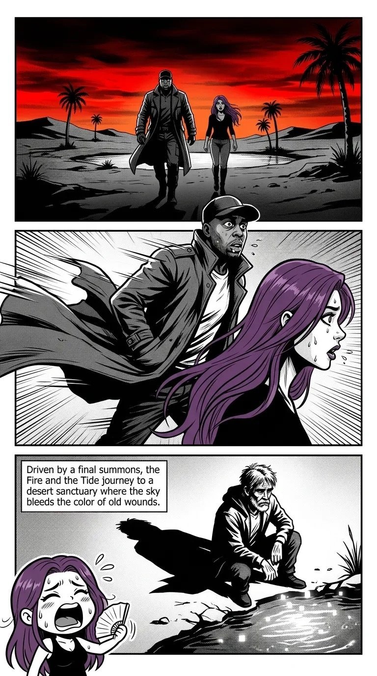 Comic book page showing two characters in a desert at sunset, then action scenes with a man and purple-haired woman, ending with a figure by water
