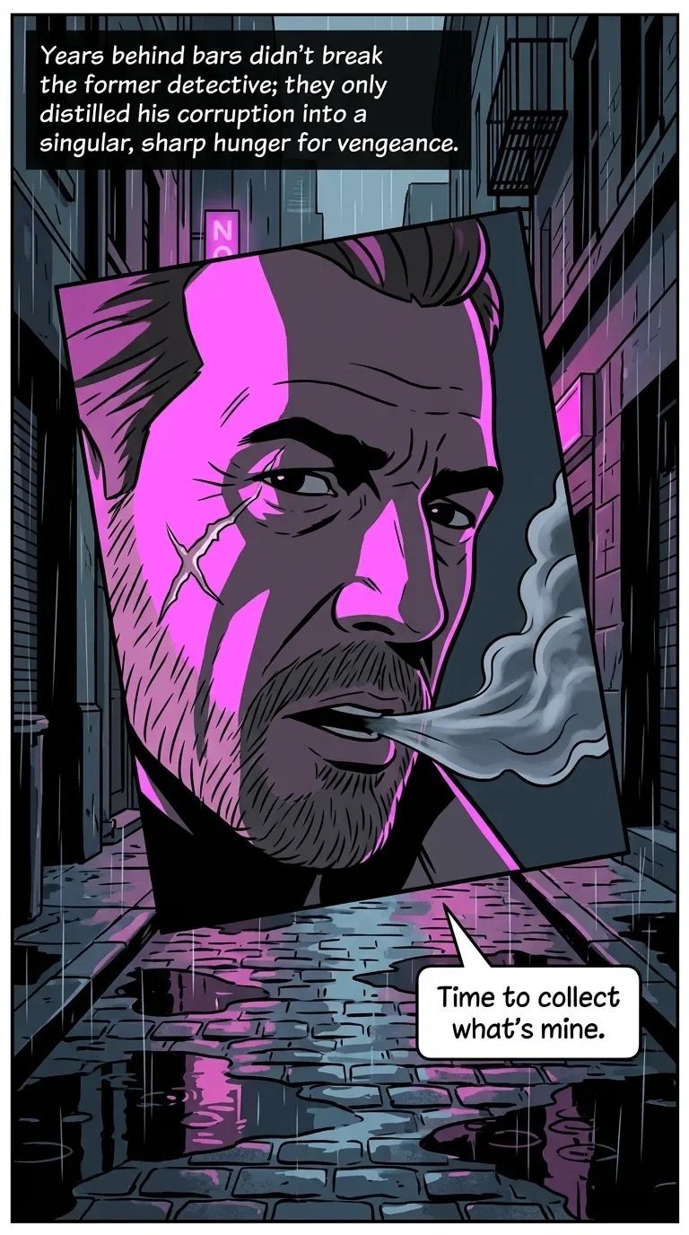 Comic panel showing a bearded mans face in magenta and black tones in a dark urban alley, with dialogue about a former detectives revenge.