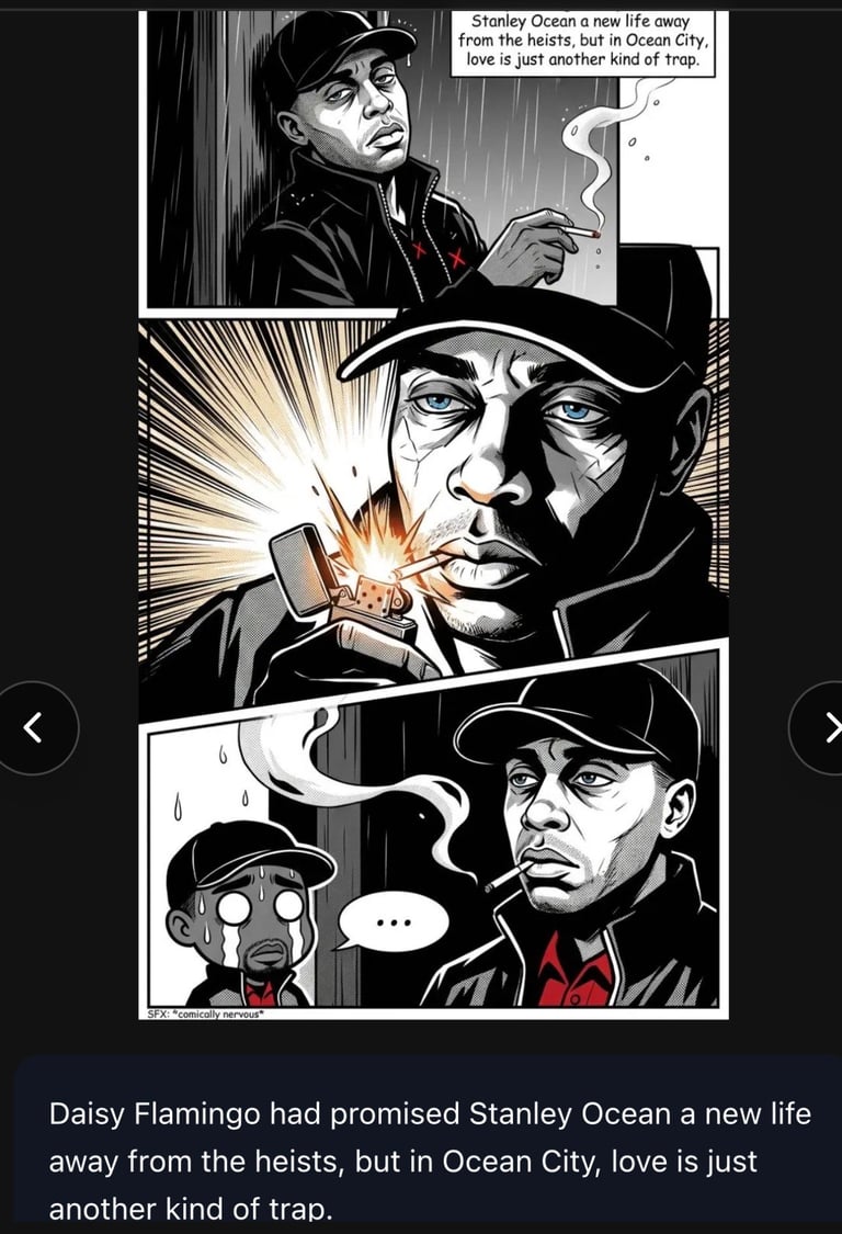 Comic book page showing men in noir style panels with text about Ocean City. A lighter creates sparks, and characters wear caps and discuss love as a trap.