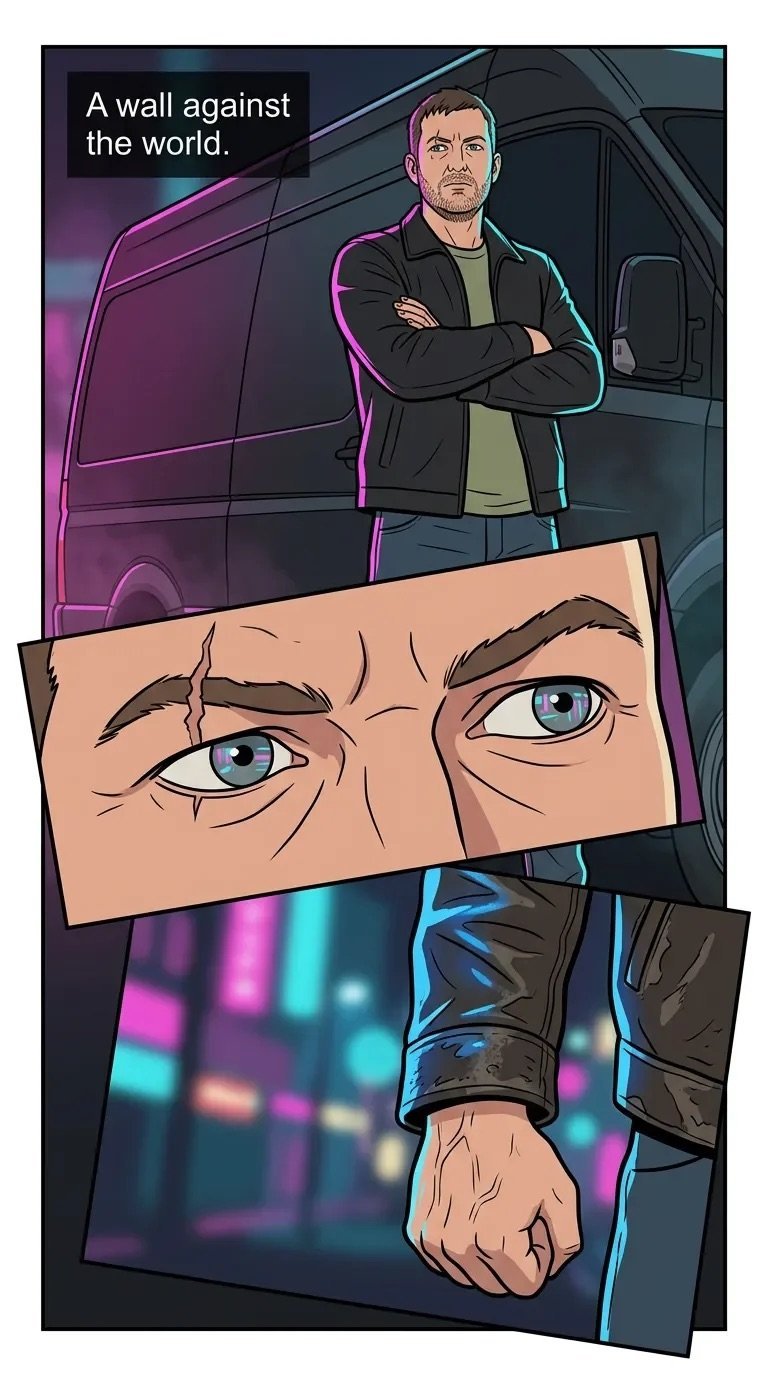 Stylized illustration of a man with crossed arms next to a van, with close-up panels showing intense blue eyes and a clenched fist, text reads A wall against the world