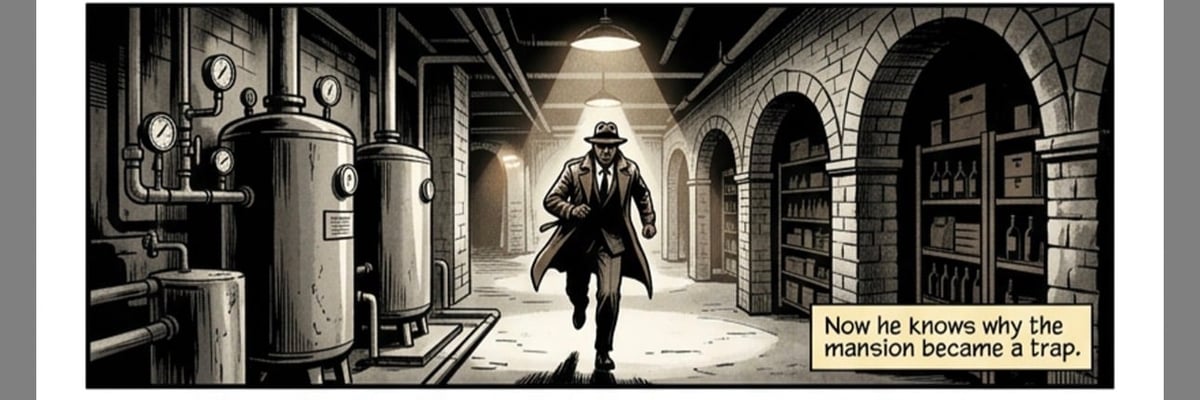 Film noir illustration of a man in coat standing in industrial mansion corridor with metal pipes and arched doorways, with caption text visible