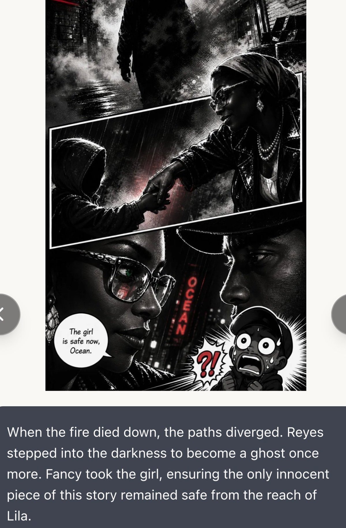Black and white comic-style illustration showing characters in dramatic noir scene with speech bubble saying The girl is safe now, Ocean