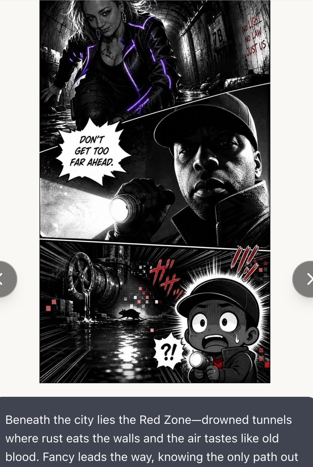 Black and white manga-style comic panel showing two men in a dark tunnel with purple neon accents and a cartoon character at the bottom