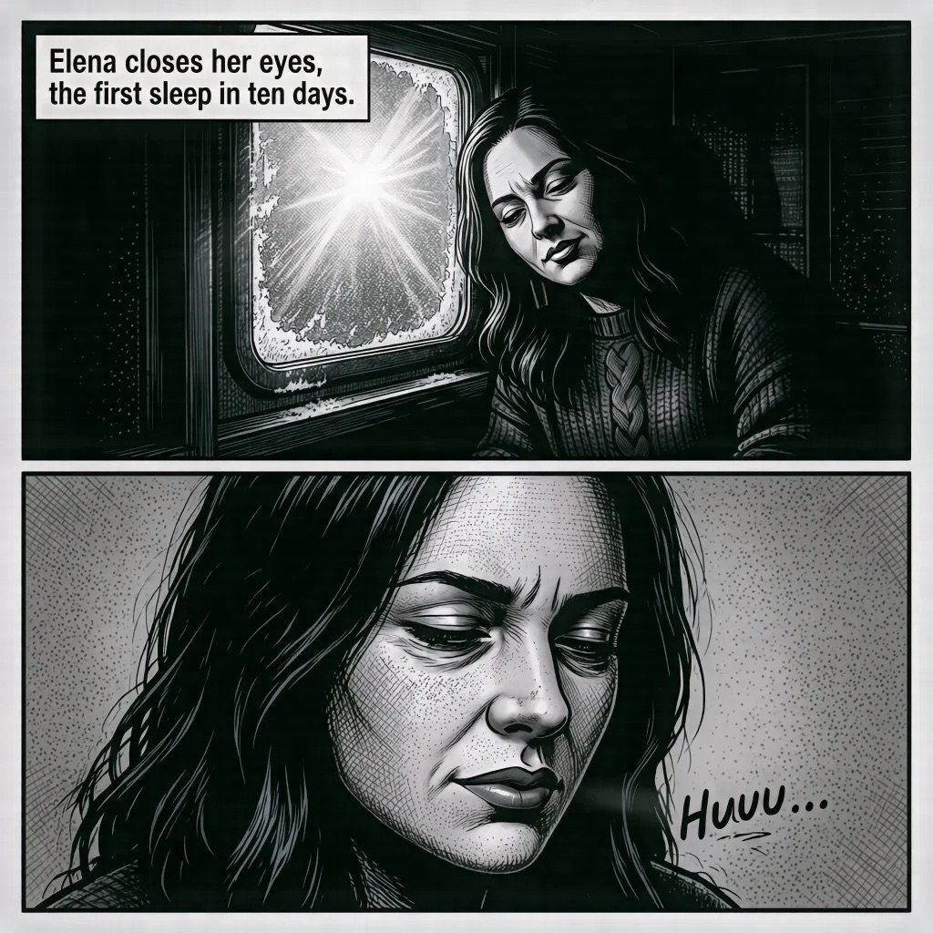 Black and white comic panels showing a woman closing her eyes at a window with bright light, captioned Elena closes her eyes, the first sleep in ten days
