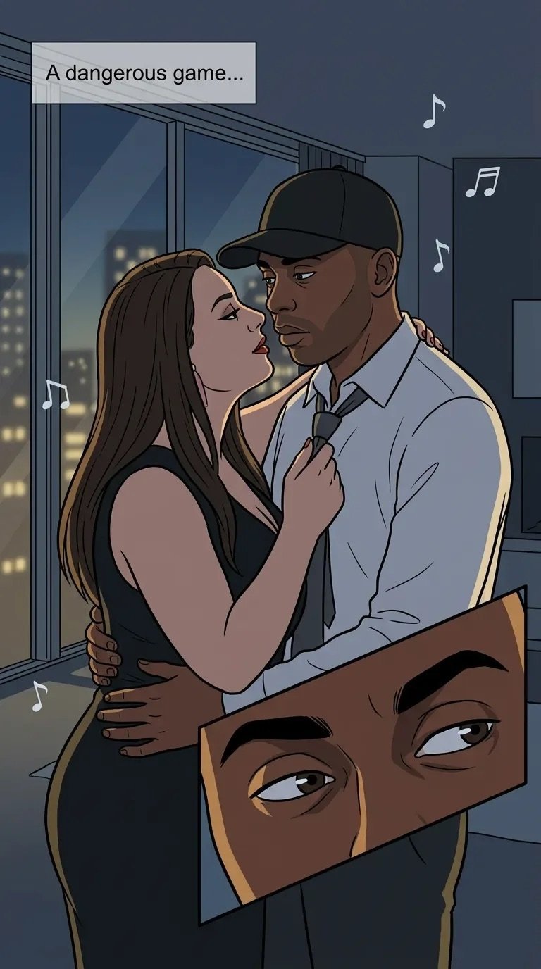 Illustration of a couple embracing by a window with musical notes, and a masked face below depicting deception or danger