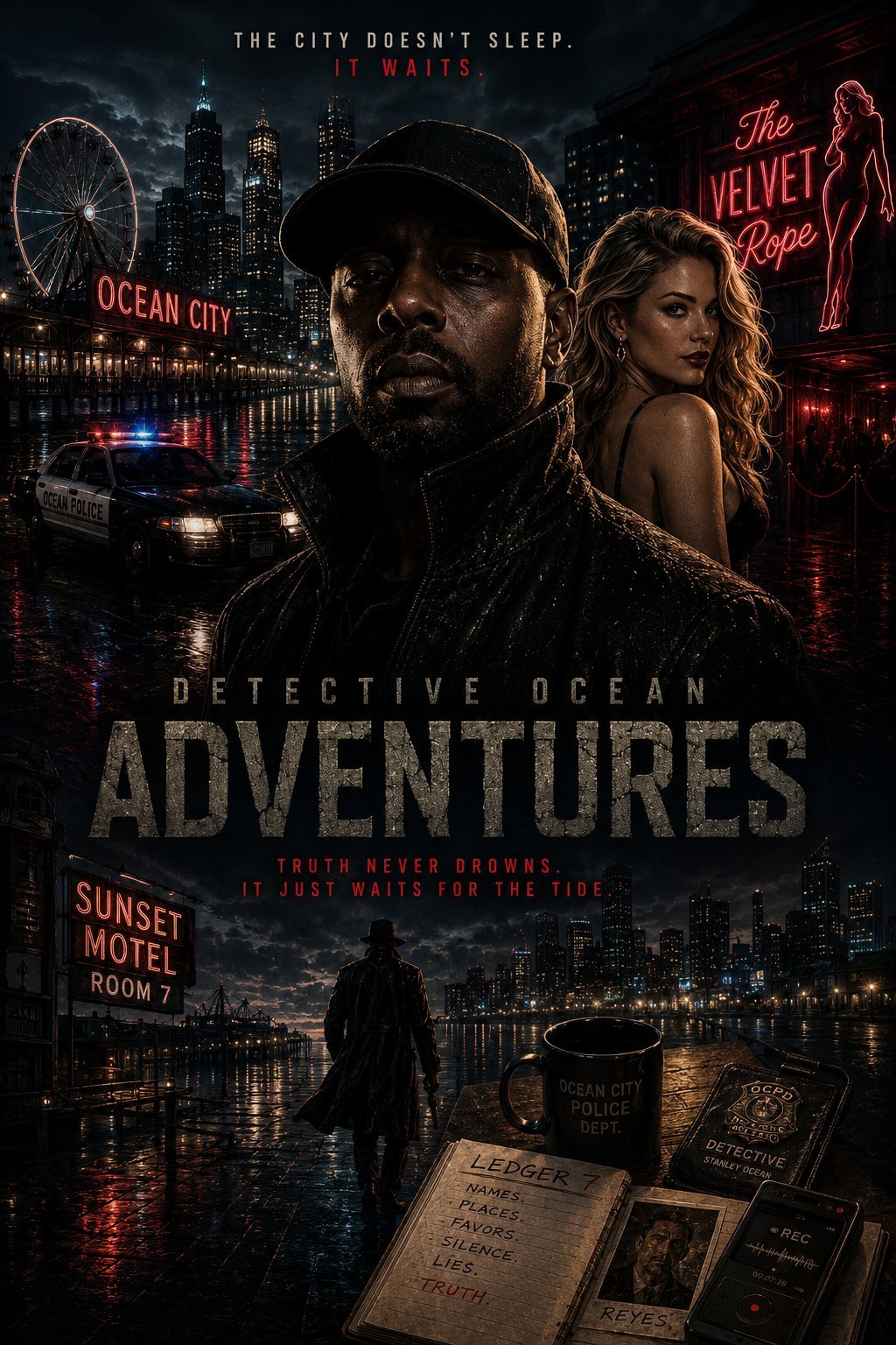 Movie poster for Detective Ocean Adventures showing a man and woman against a noir cityscape with neon signs and detectives notebook