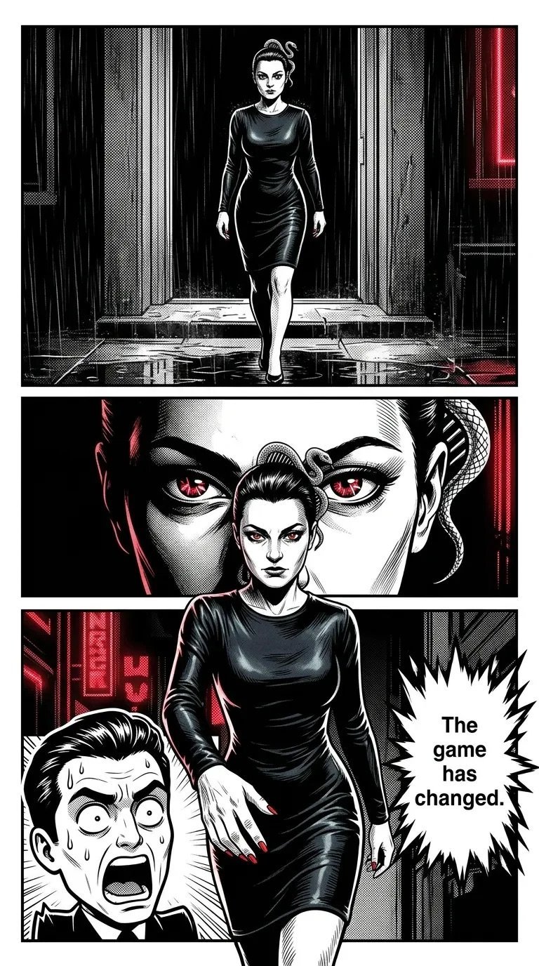 Black and white comic panel showing a woman in a black dress with intimidating presence and red glowing eyes, with shocked male faces below and text reading The game has changed