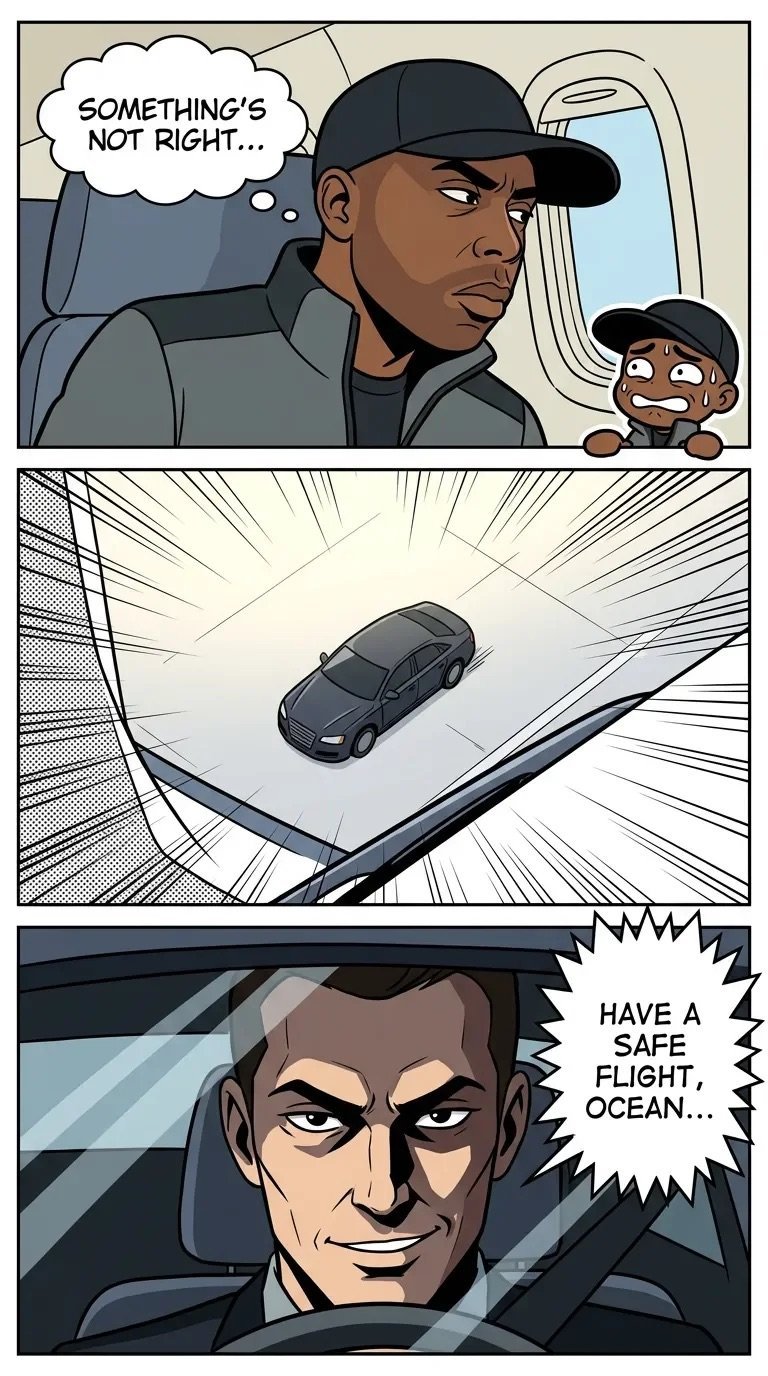Comic strip showing a man on an airplane with a concerned expression, a car flying outside the window, and the pilot wishing passengers a safe flight