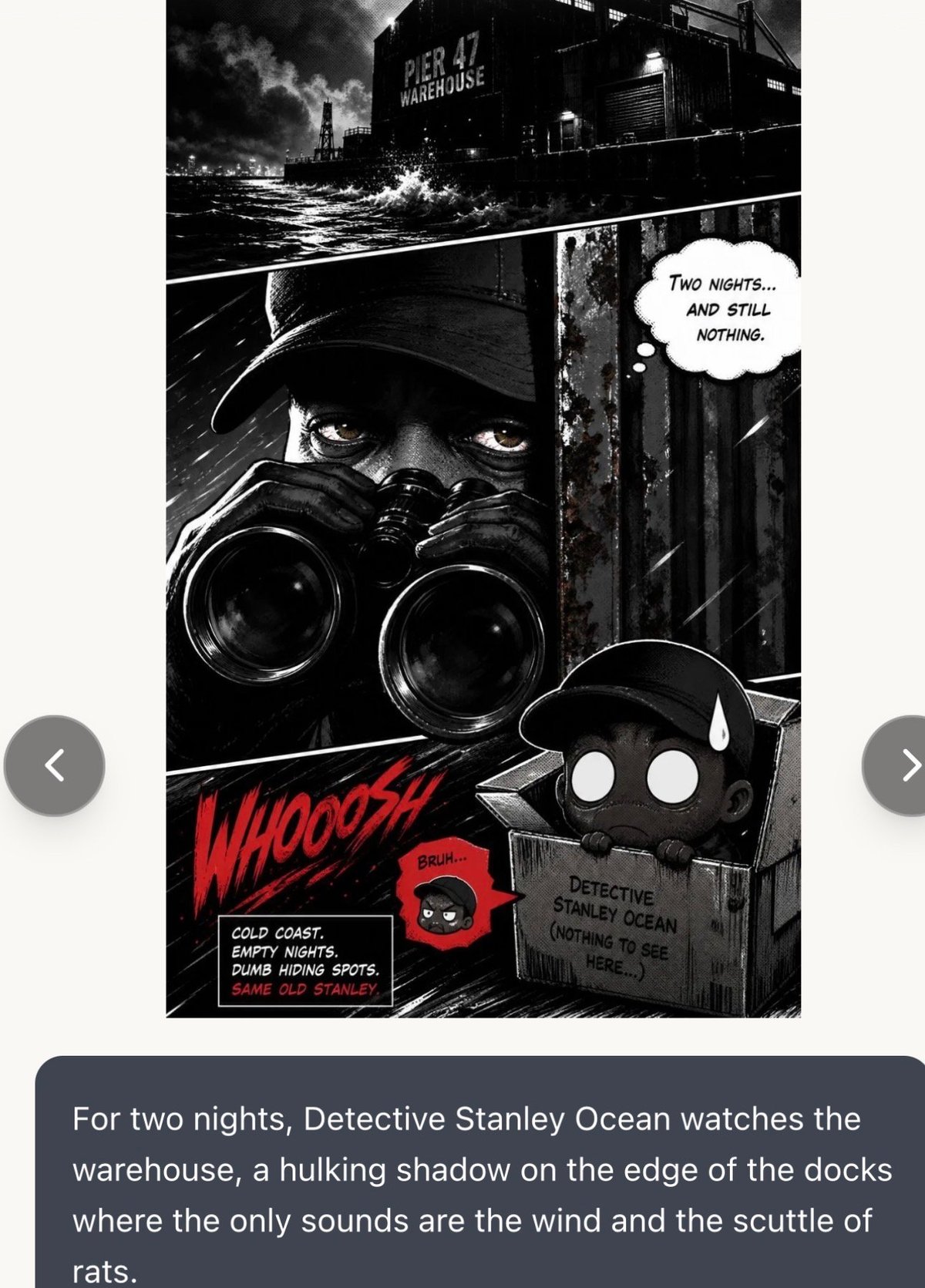 Black and white comic panel showing Detective Stanley Ocean in binoculars watching a warehouse at night with text Two nights and still nothing