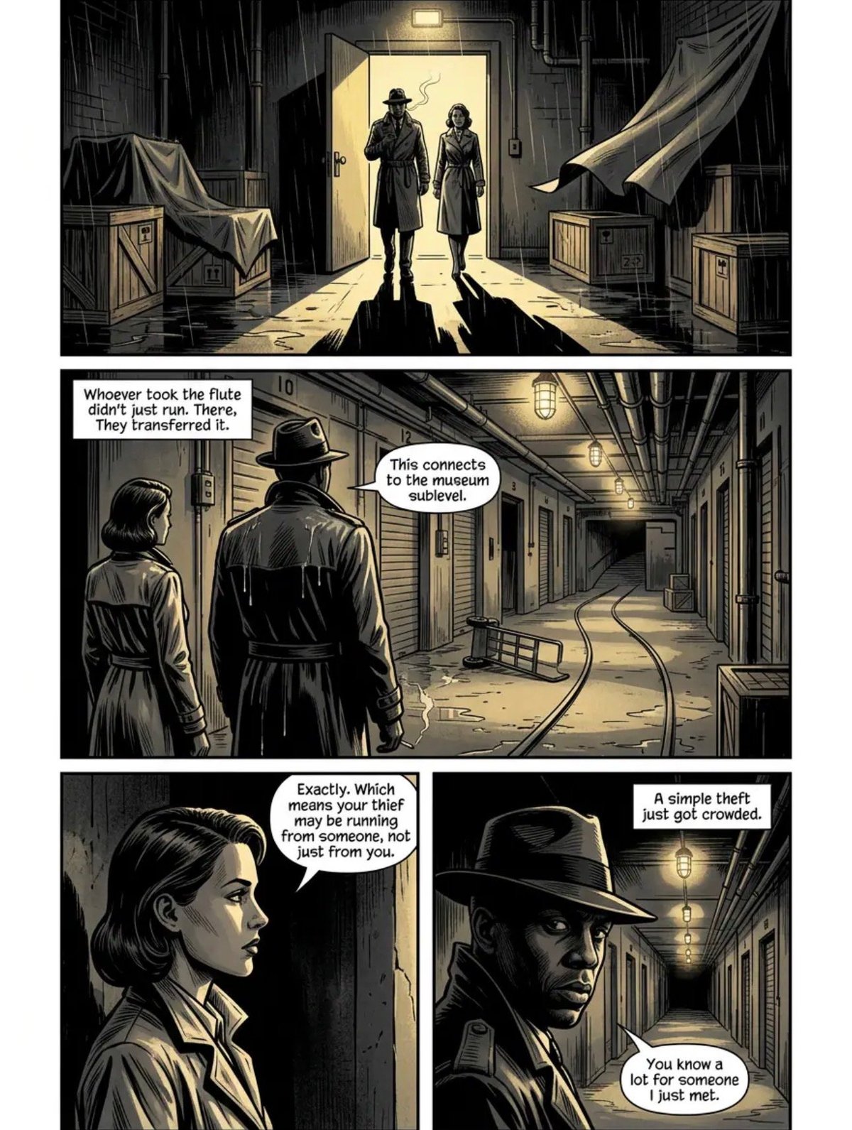 Noir comic panel sequence showing two figures discovering a hidden tunnel connection to a museum, discussing a theft