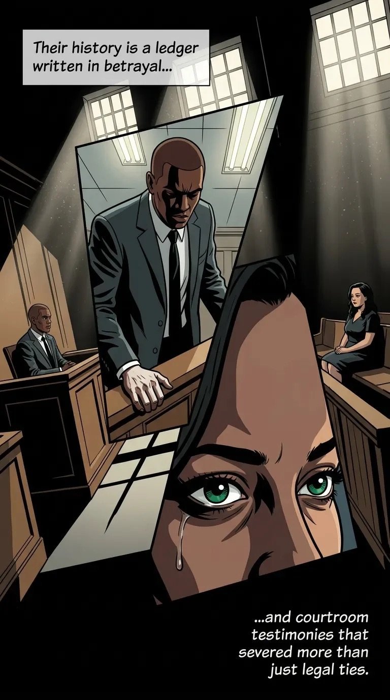 Comic panel showing a dramatic courtroom scene with a womans face in foreground and a man in suit standing before a judge, illustrating betrayal and legal consequences