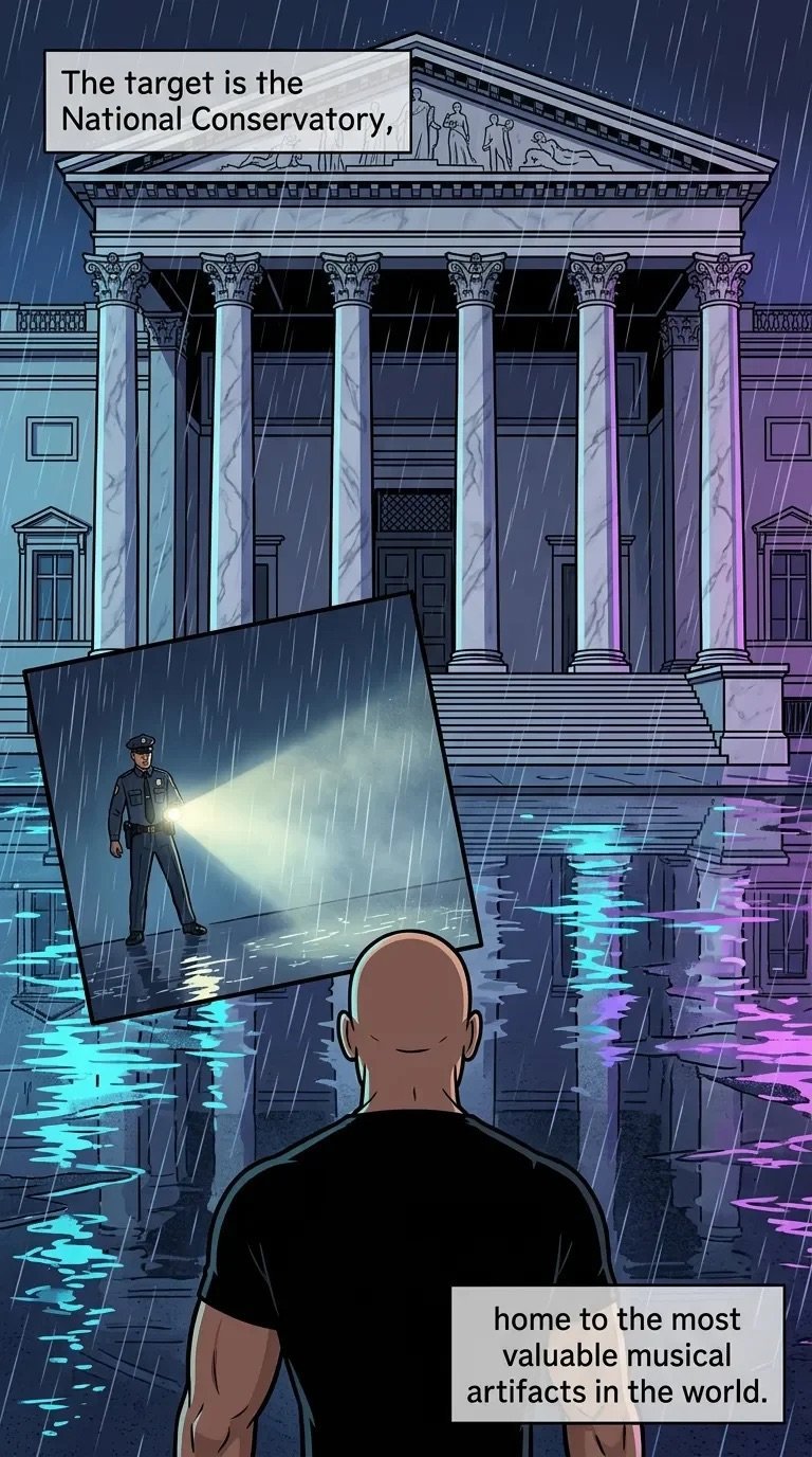 Man holding illuminated device faces classical conservatory building in rain, with digital glitch effects overlaid on the image