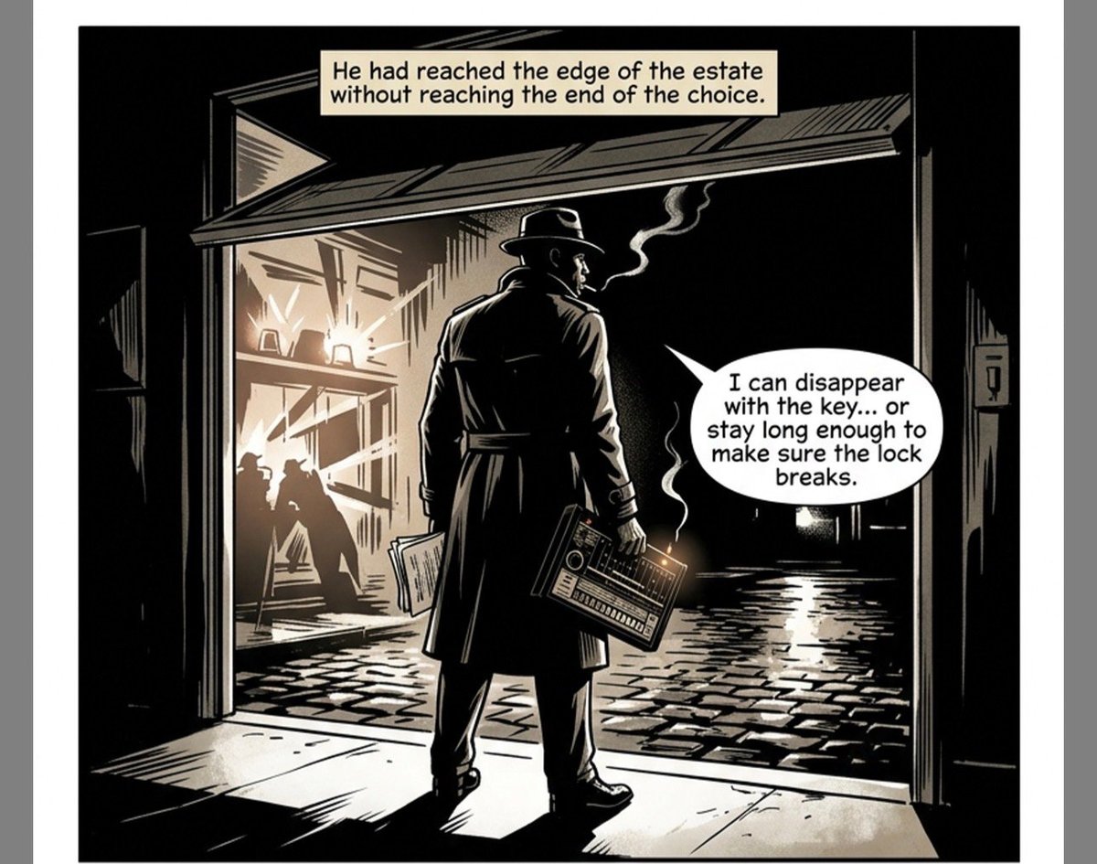 Noir comic panel showing silhouetted figure in coat standing at ornate estate gate with internal monologue about reaching the edge of choice and considering breaking in