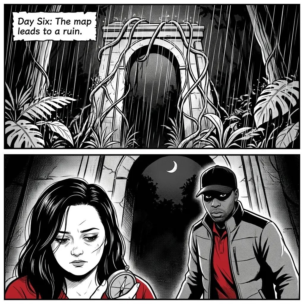 Black and white comic panels showing a mysterious vine-covered structure in rain above, and two characters in a dark building below during nighttime