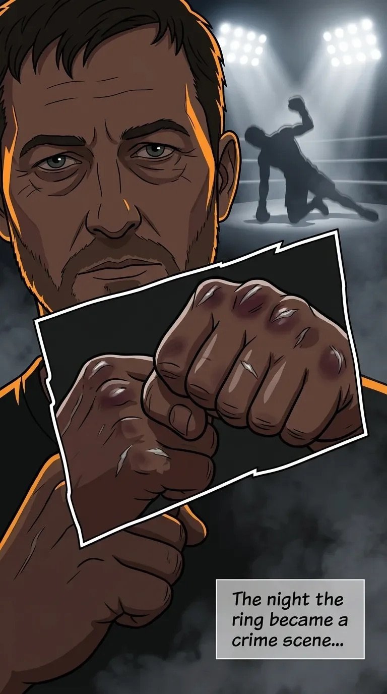 Comic book illustration of determined man with clenched fist in boxing ring, with text reading The night the ring became a crime scene
