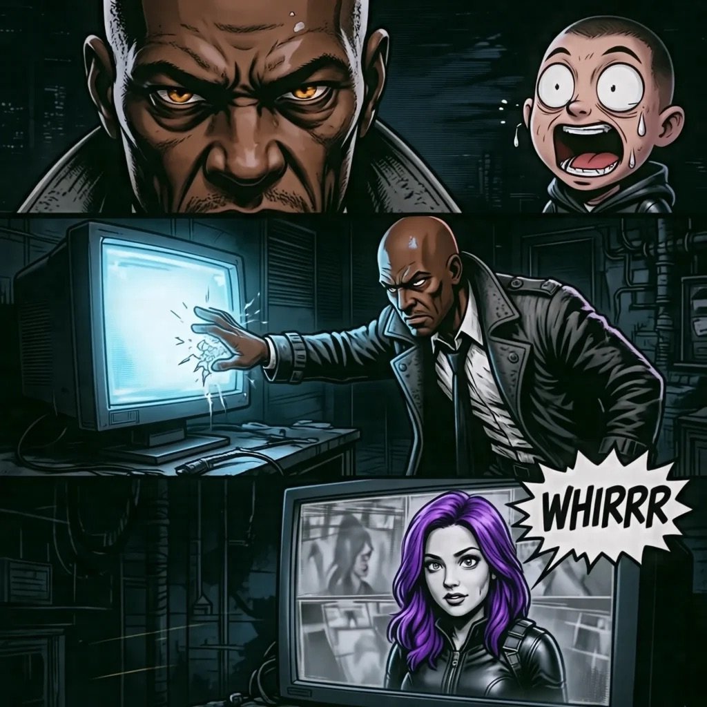 Comic-style illustration of a man in suit and tie punching a glowing computer monitor, surrounded by menacing faces and sound effects.