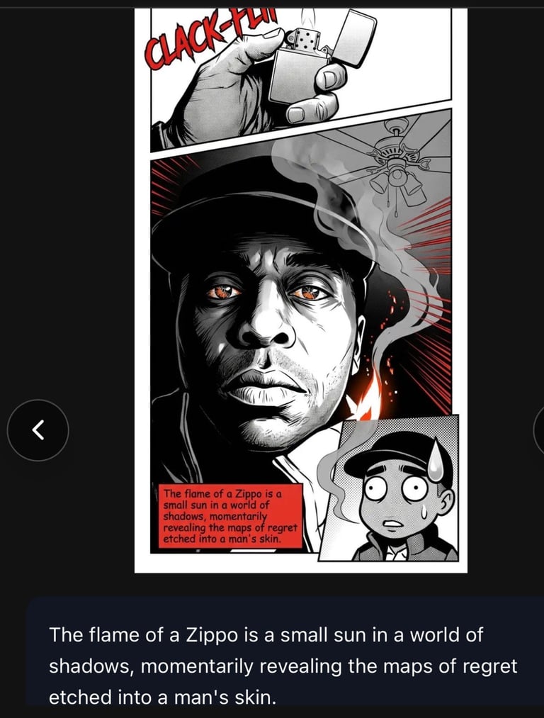 Comic panel showing a man in a hat with glowing eyes holding a lighter, with text about a Zippo flame revealing regret