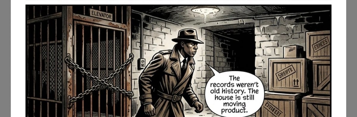 Film noir detective in fedora and trench coat examining jail cell with speech bubble about records worker knowing the truth about product