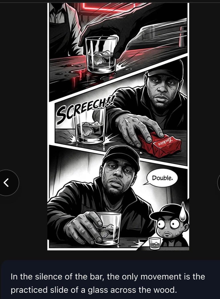 Comic book panel sequence showing men at a bar with whiskey glasses and a small demon character, one man saying Double