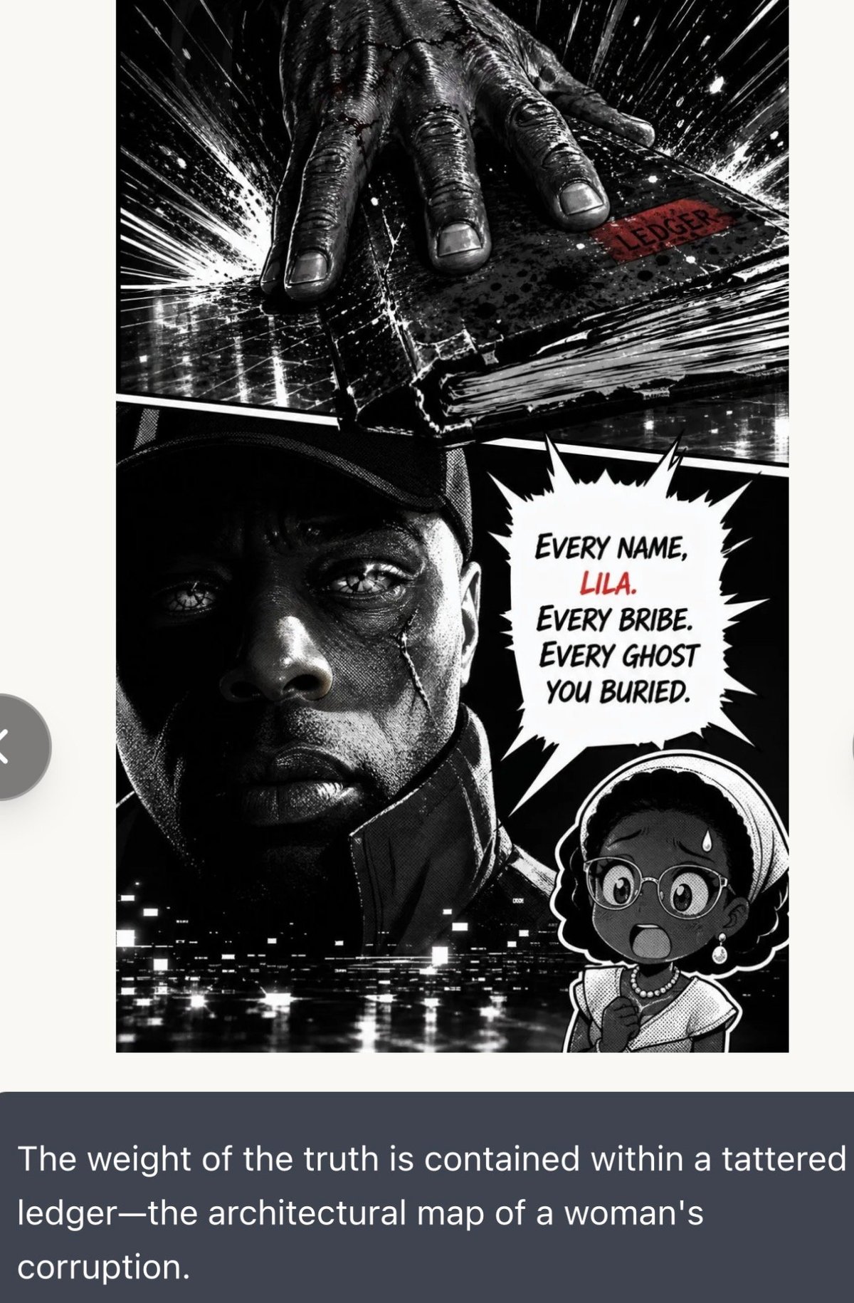 Black and white manga-style comic panel showing a hand over a ledger and a mans face with an eye patch, with dialogue about names, bribes, and ghosts