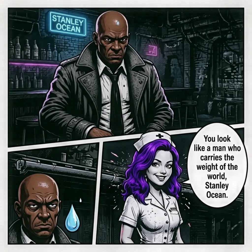 Comic panel scene: man in leather coat under Stanley Ocean neon sign speaks with purple-haired woman. Dialog bubble reads about carrying the worlds weight.