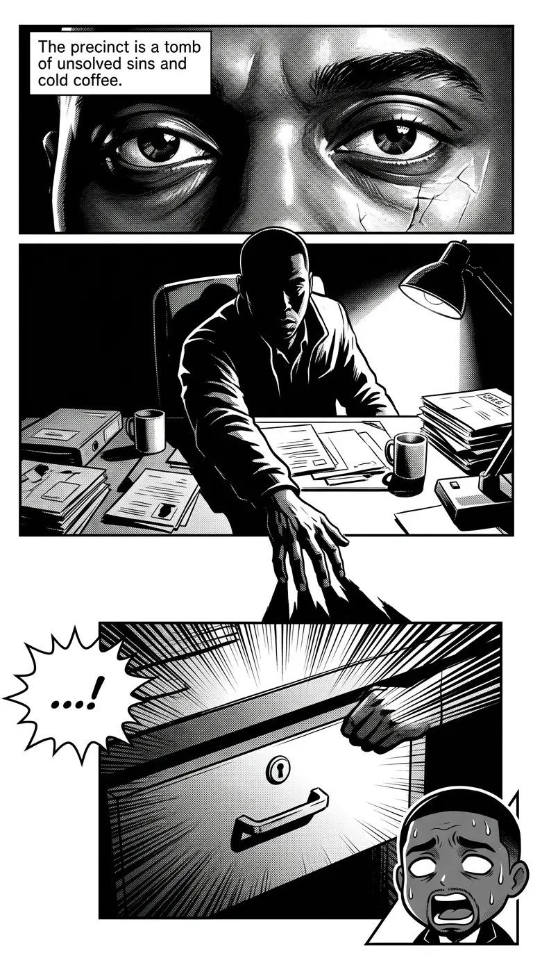 Black and white manga-style comic panel showing a detective investigating, with close-up eyes and action scene suggesting mystery and tension