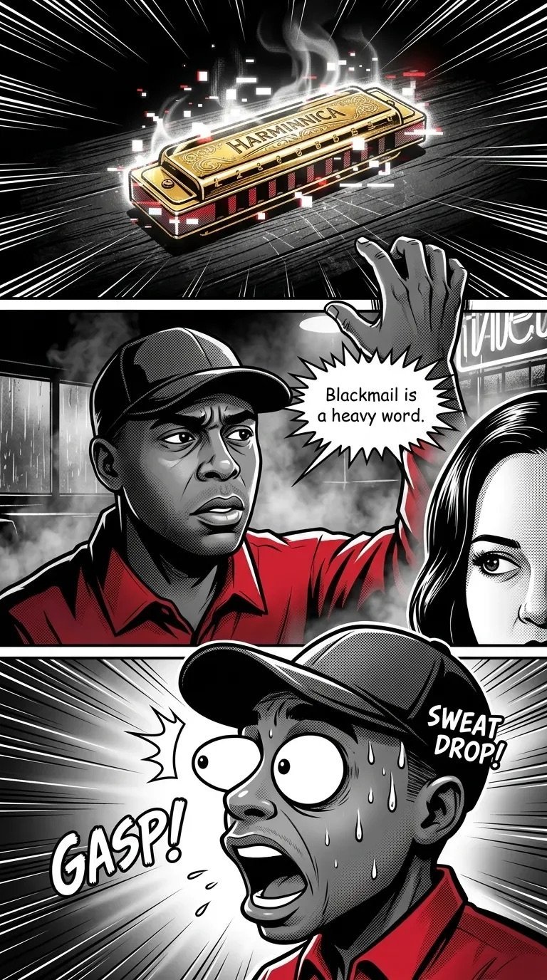 Comic-style scene showing a man in a red shirt discussing blackmail while a glowing harmonica floats above, with dramatic action effects and sweat drops indicating tension.