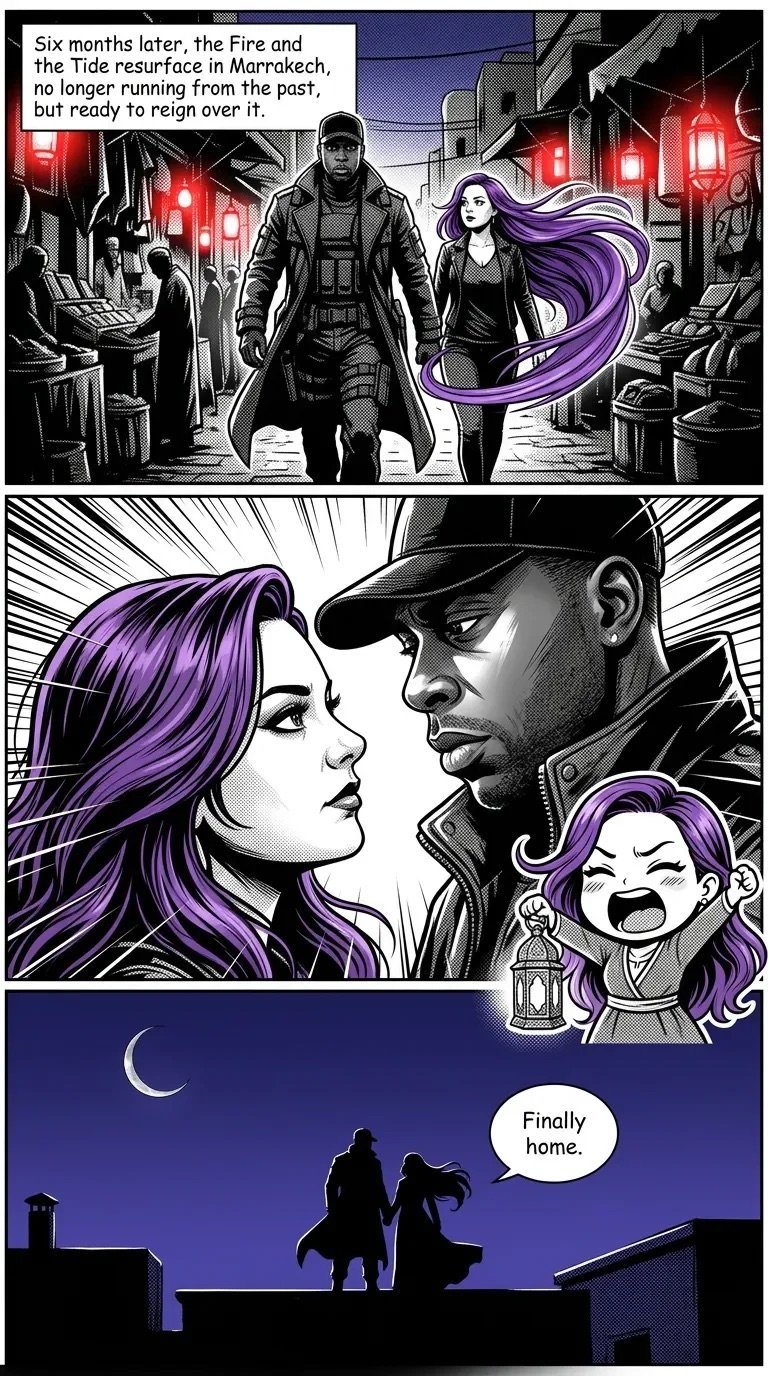 Comic panel showing armored man and purple-haired woman in Marrakech street, close-up of their faces, and silhouette on rooftop at night saying Finally home