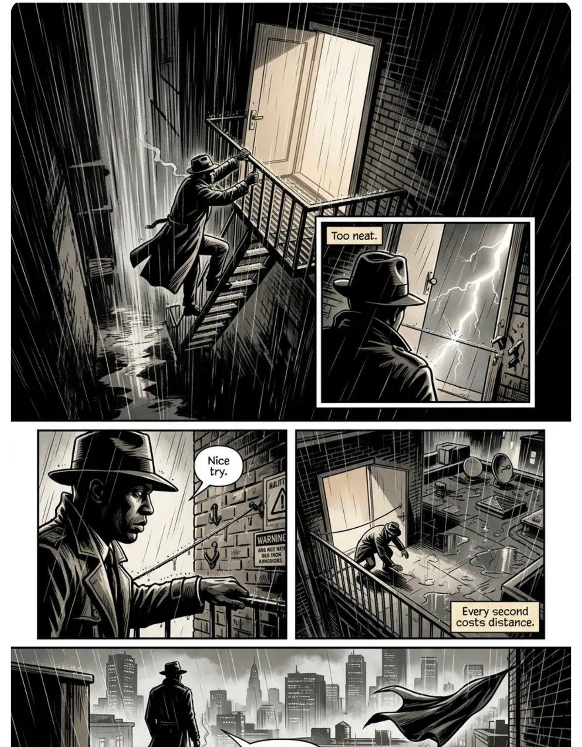 Black and white comic panel sequence of a noir detective climbing a building in heavy rain, with close-ups of his face and a cityscape below