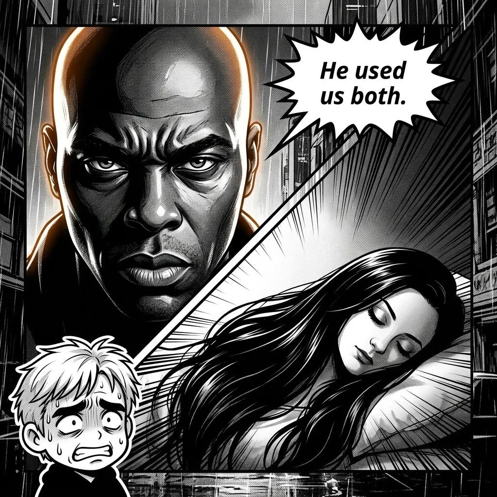Black and white manga panel showing an angry bald mans face, a sleeping woman, and a distressed child with dialogue bubble saying He used us both.