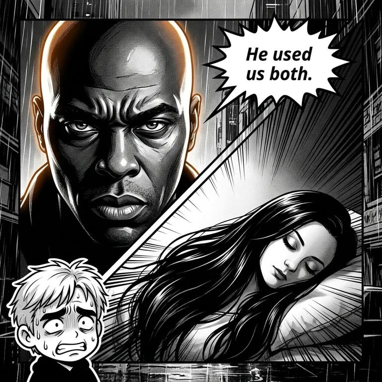 Black and white manga panel showing an angry bald mans face, a sleeping woman, and a distressed child with dialogue bubble saying He used us both.