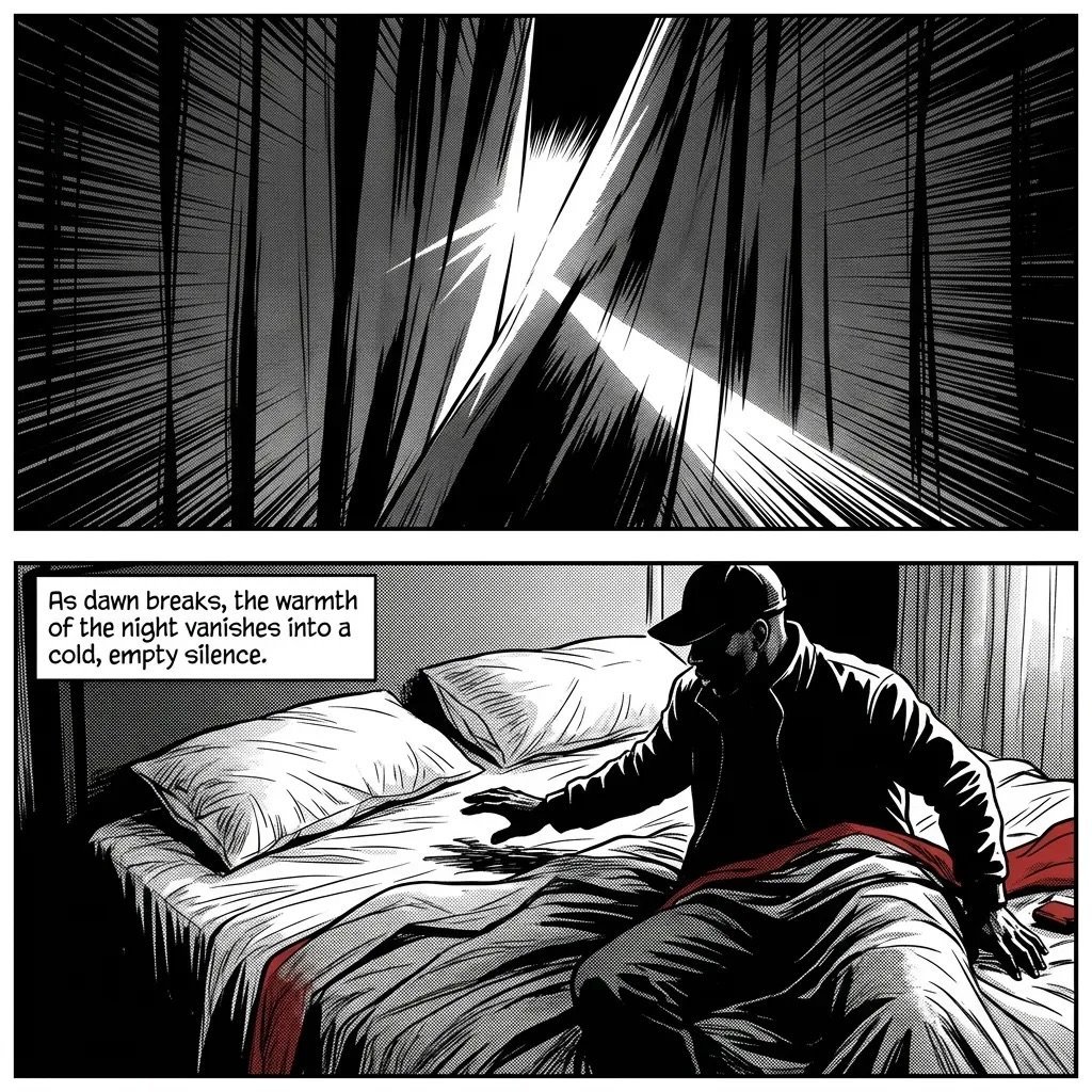 Black and white comic panel showing a person in dark clothing sitting on a bed with white pillows at dawn, with narration about warmth fading into cold silence.