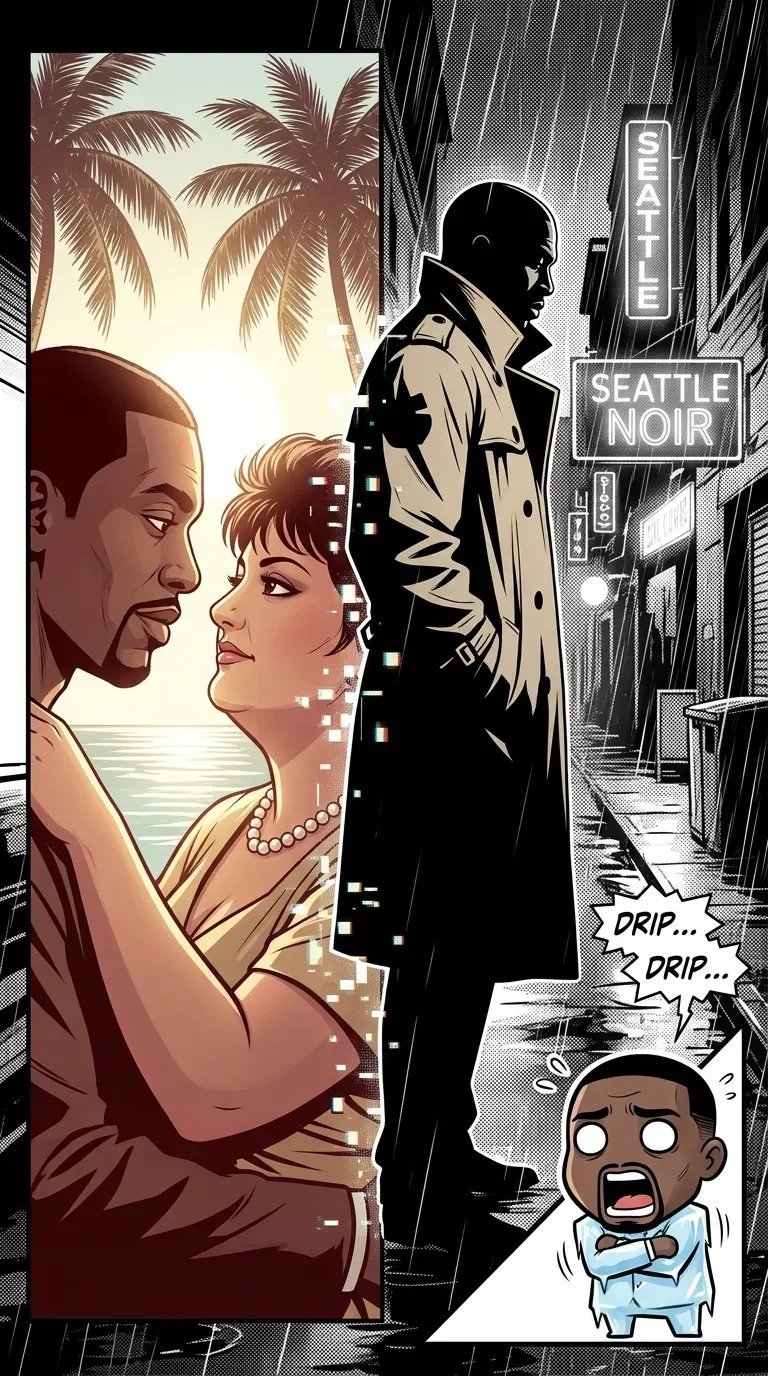 Comic panel showing a man and woman in tropical setting on left, noir-style detective in rain on right with Seattle hotel sign