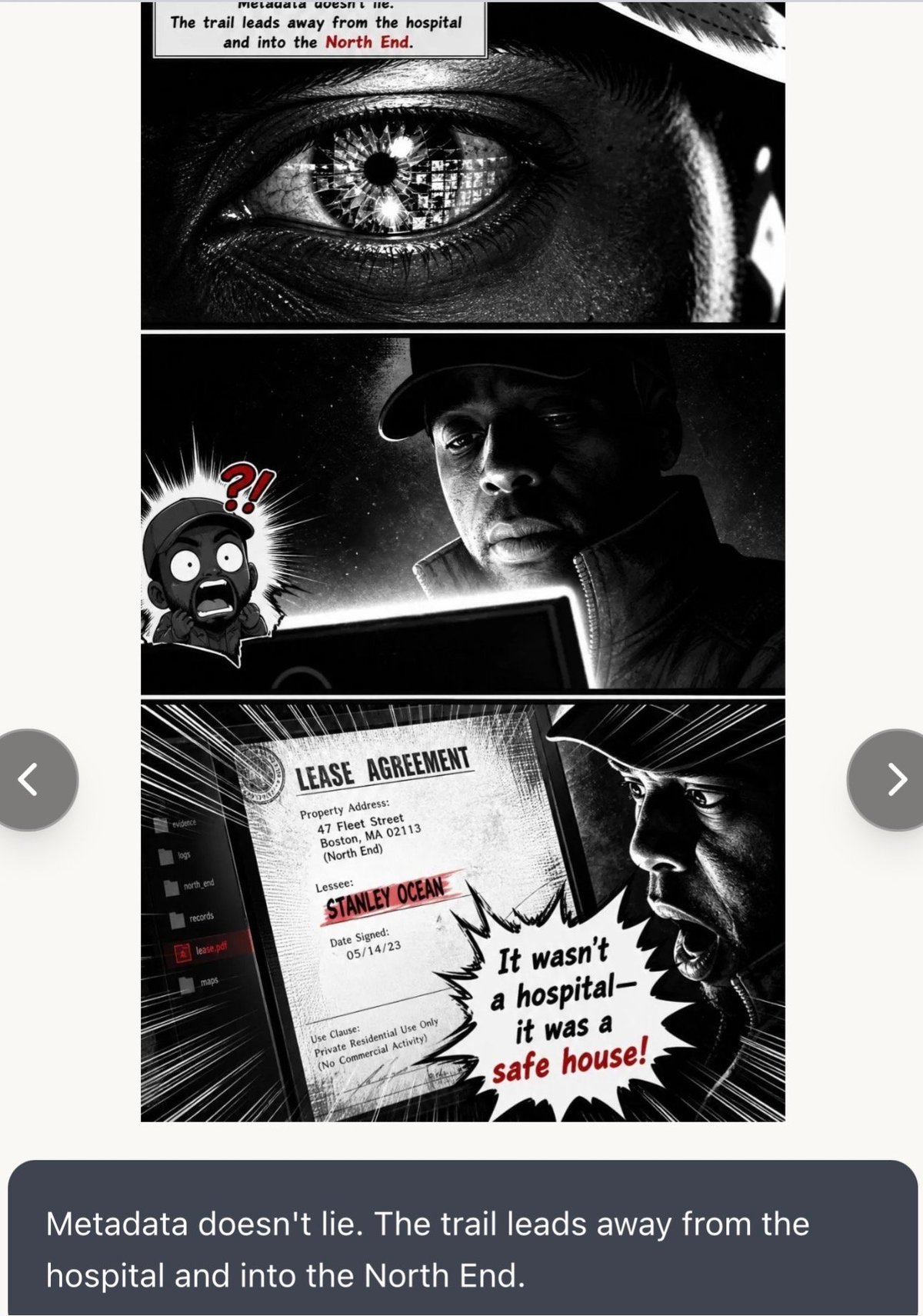 Black and white comic panel sequence showing a detective investigating a lease agreement with text indicating a mystery about a hospital and safe house.