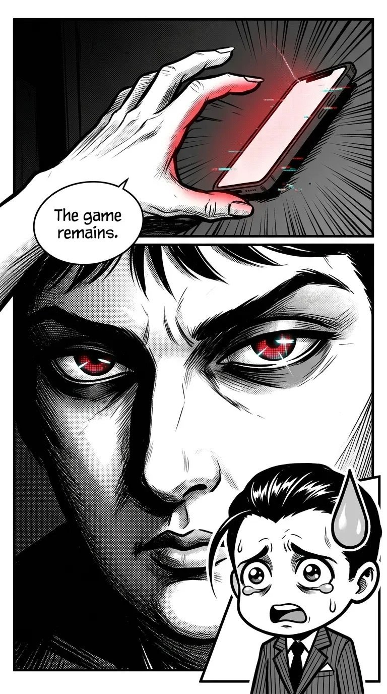 Manga panel showing a menacing figure holding a glowing phone with red eyes, telling a frightened businessman The game remains.