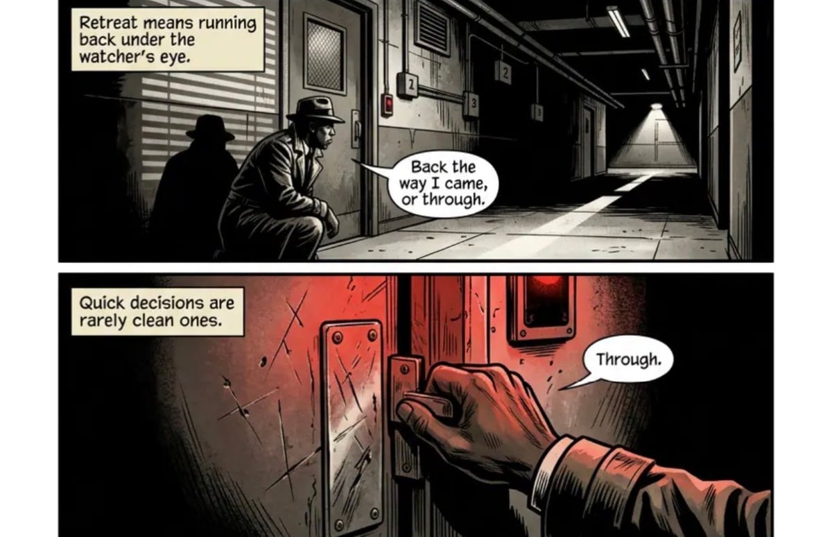 Dark noir comic panels showing two figures in an alley discussing strategy while one breaks through a door