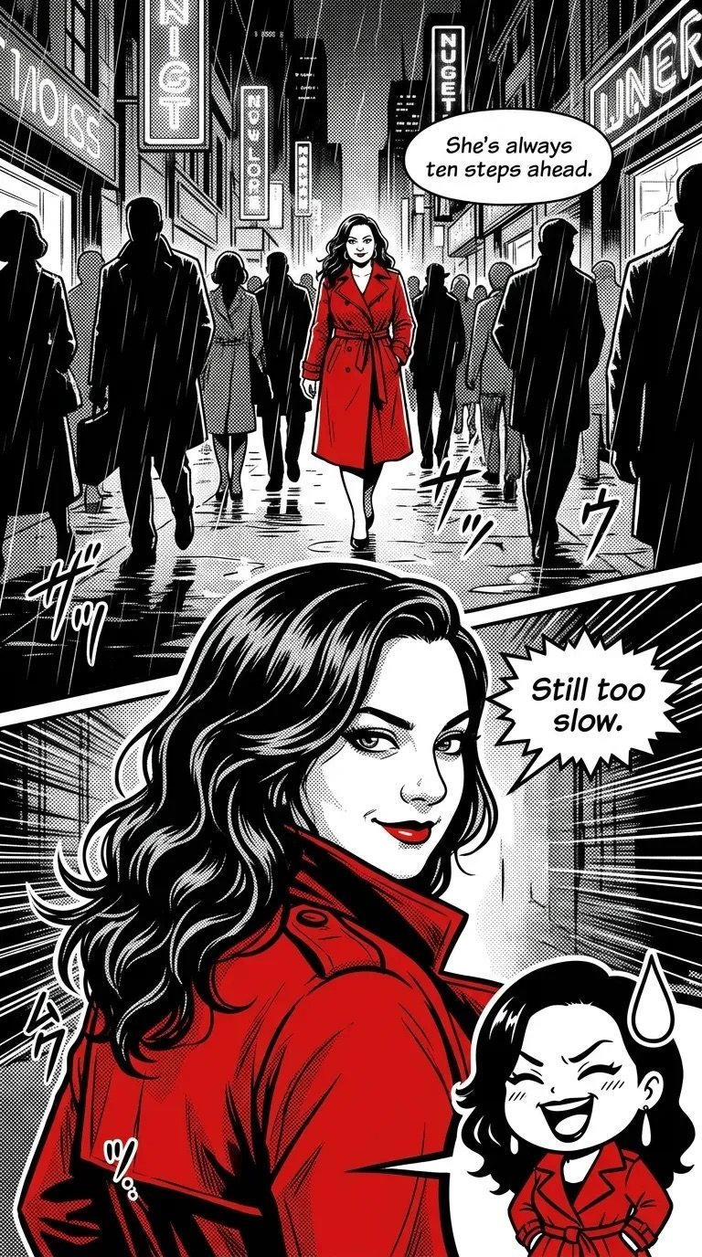 Comic panel of a woman in a red coat walking through a crowded city street, with a close-up showing her determined expression and a small red-clad child