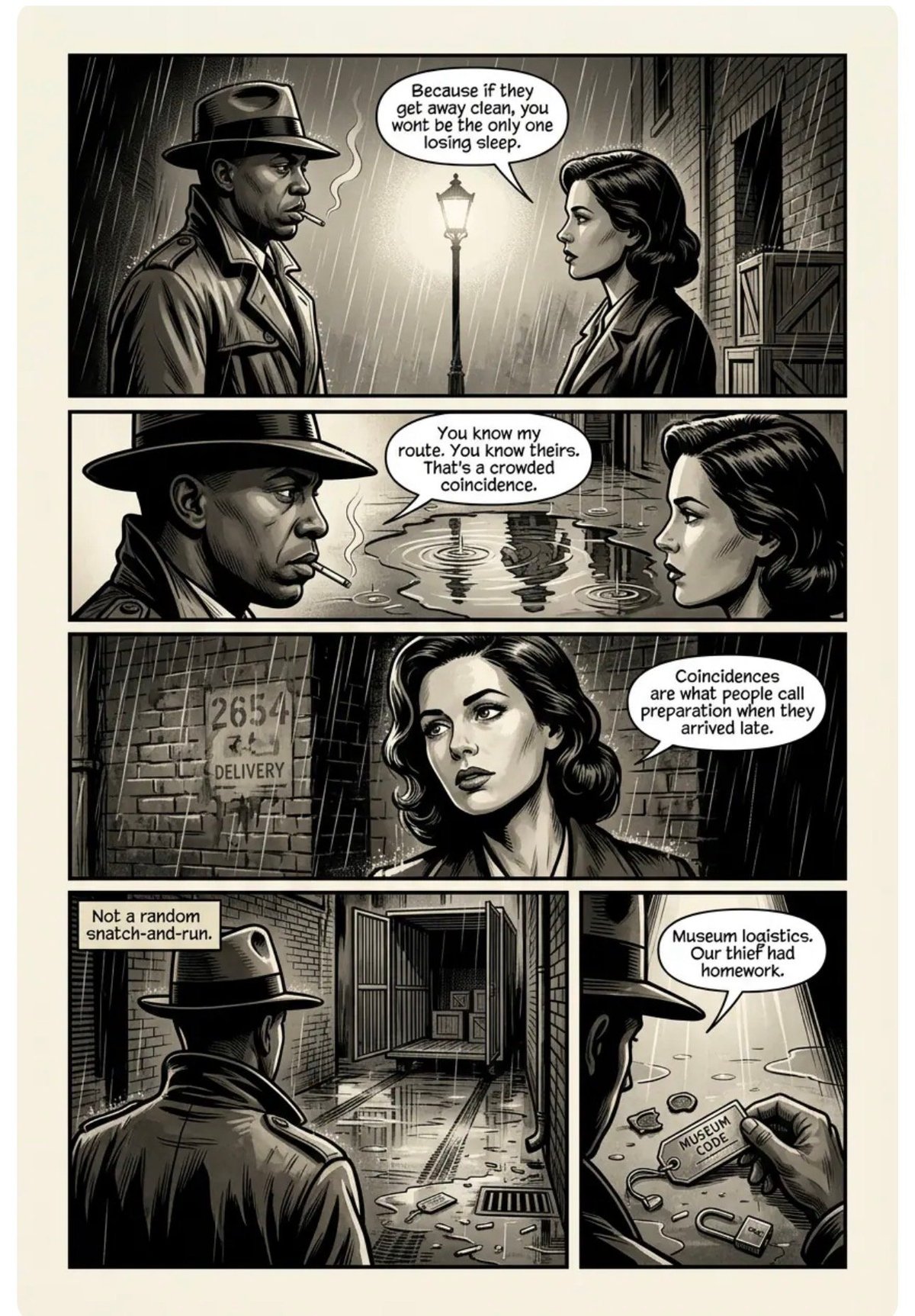 Black and white noir comic panel showing a man and woman in conversation on rainy streets, discussing coincidences and museum logistics.