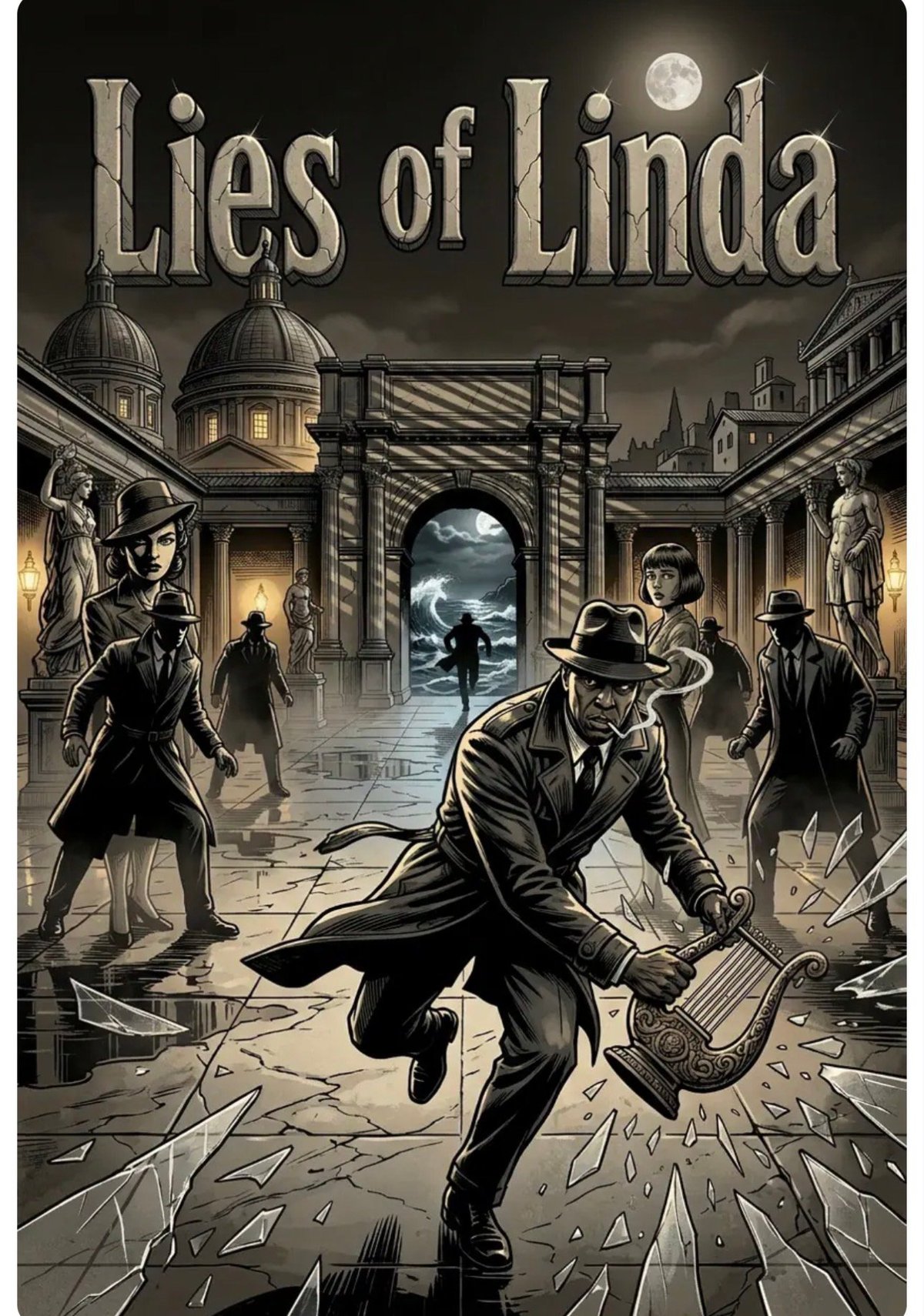Lies of Linda game cover featuring a man in a suit with a gun in a noir-style courtyard with statues and dramatic lighting