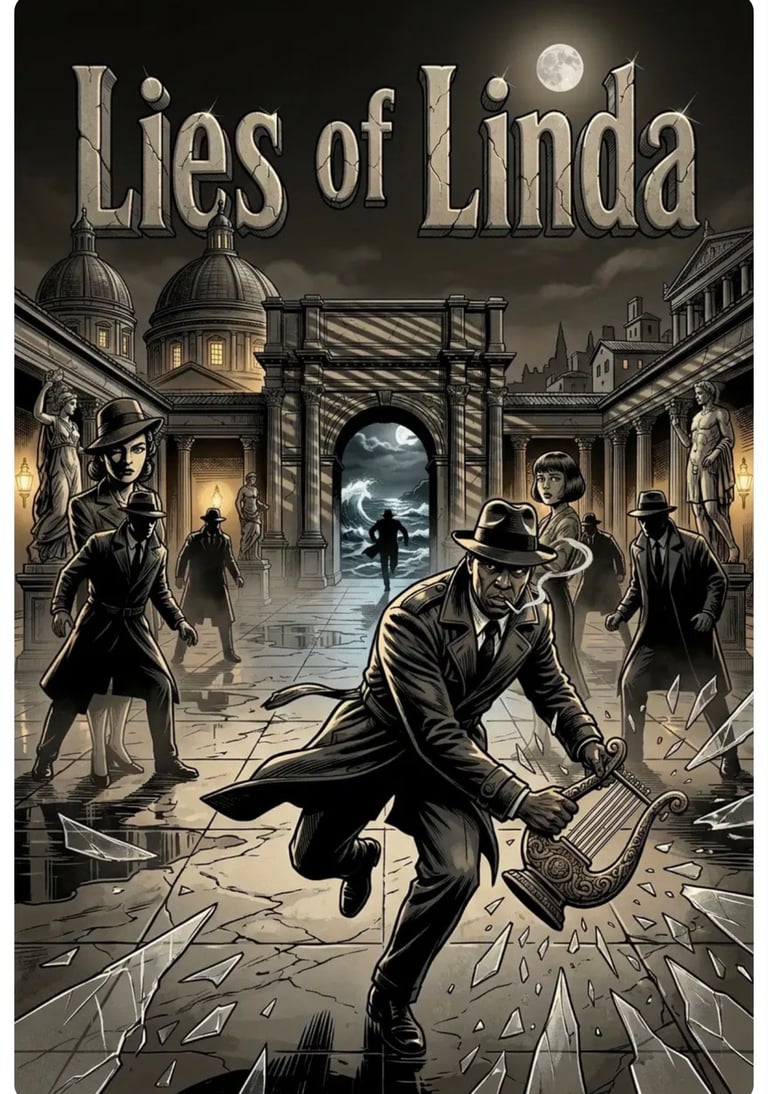 Lies of Linda comic cover featuring a man in a suit with a gun in a noir-style courtyard