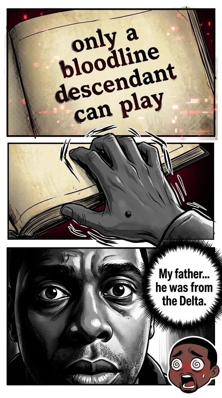 Comic panel showing a book page with only a bloodline descendant can play text, a hand touching the book, and a man's shocked face saying My father... he was from the Delta