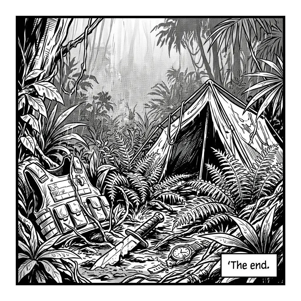 Black and white comic panel showing a tent in a dense jungle surrounded by abandoned supplies and vegetation with The end caption.