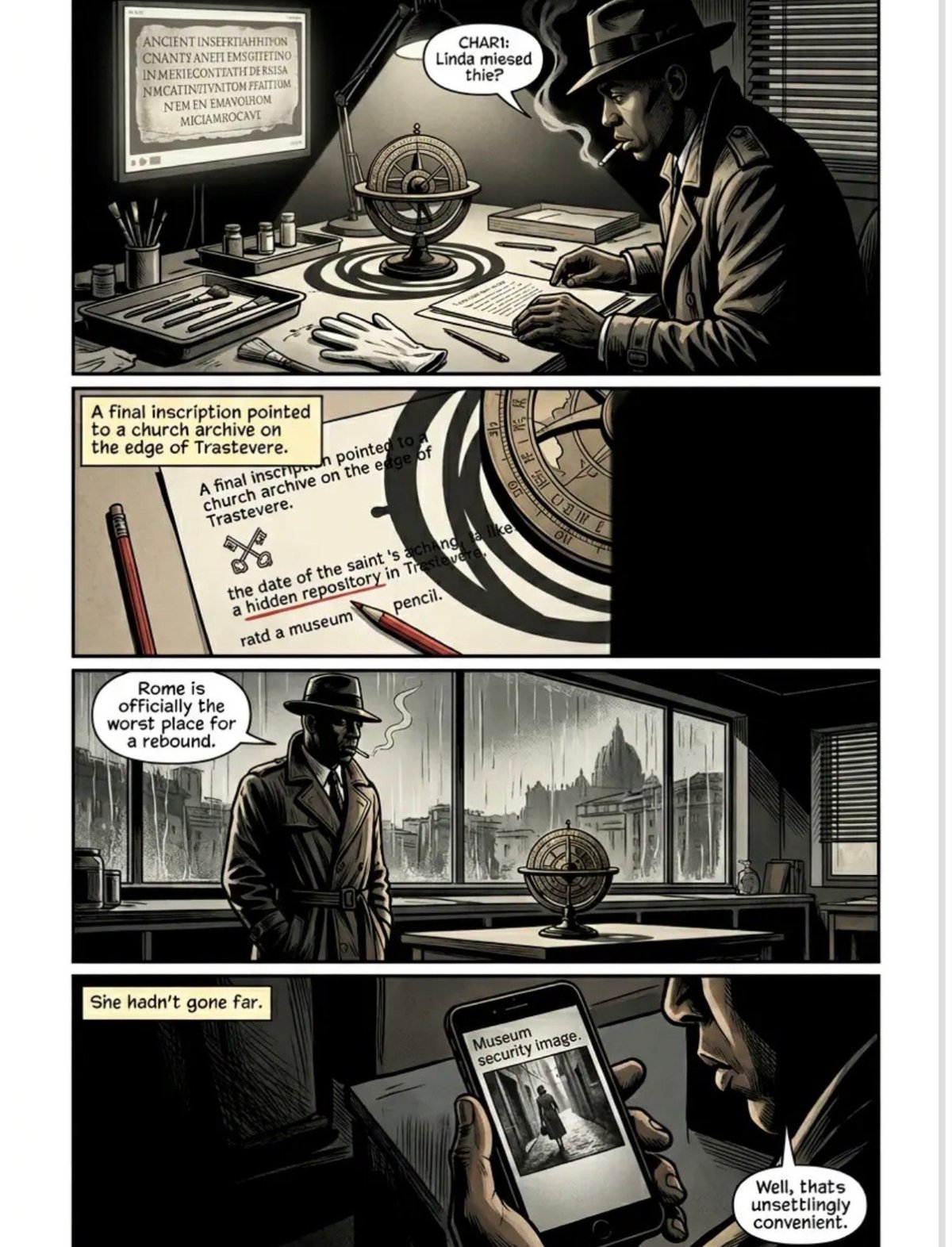 Black and white comic panel showing a detective investigating clues, studying maps and documents while examining a rebinding conspiracy.