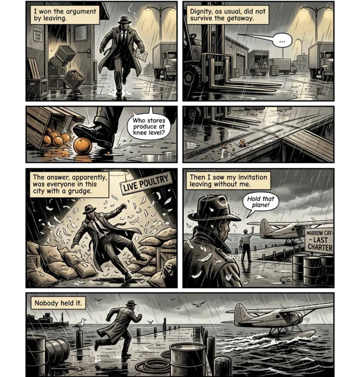 Black and white comic strip showing a man in a coat recounting a story about winning an argument, finding poultry, and being chased while running through a city and toward a seaplane.