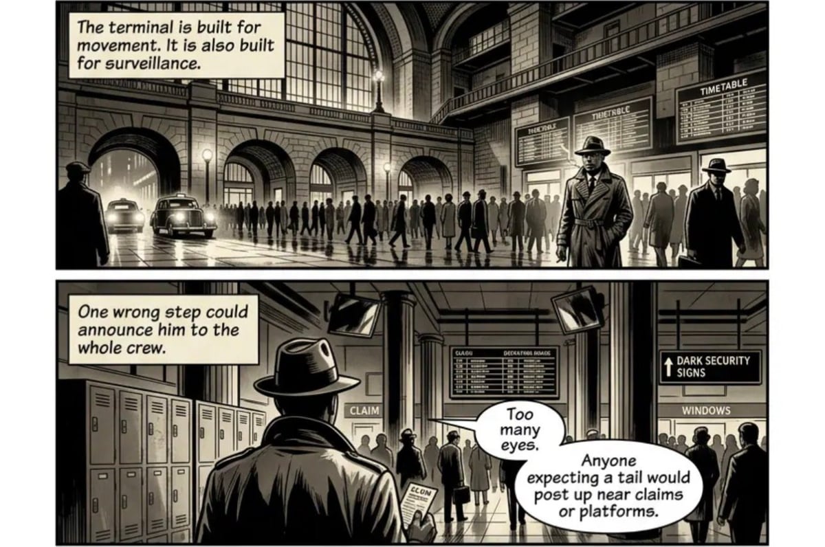 Black and white comic panels showing a crowded train terminal with men in hats and coats. A man in a hat is isolated in the foreground with dialogue bubbles discussing surveillance and a security risk.