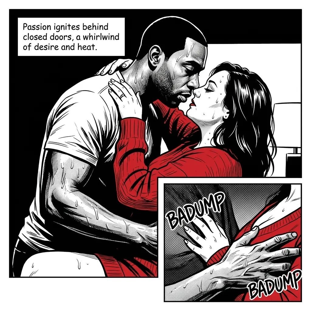 Comic panel showing a passionate kiss between two people in red and white clothing with text reading Badump