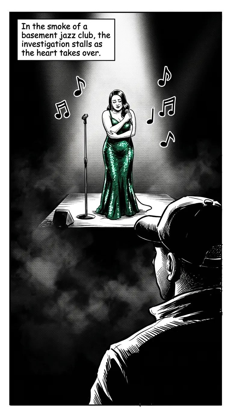 Black and white comic panel: woman in emerald gown singing at microphone in smoky jazz club while man in foreground watches, musical notes floating around her