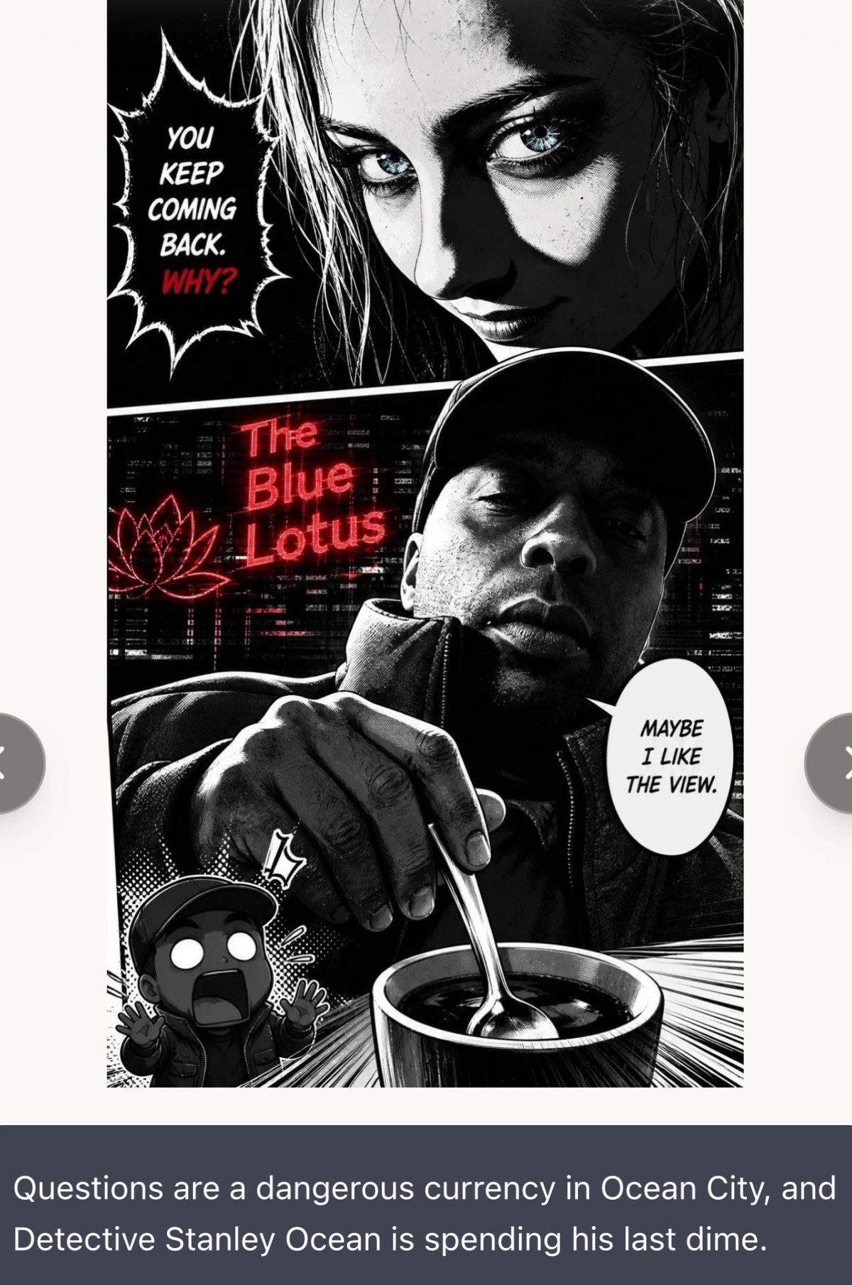 Black and white comic panel featuring Detective Stanley Ocean with text The Blue Lotus and dialogue bubbles discussing ocean city and questions as currency