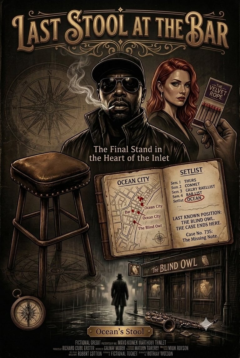 Movie poster for The Last Stool at the Bar — Detective Stanley Ocean noir mystery featuring The Blind Owl, compass, map, and leather bar stool