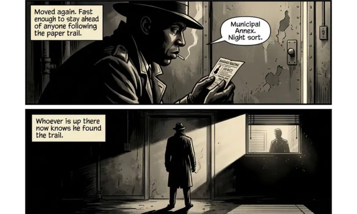 Noir comic panels showing a detective reading a paper trail and discovering someone has found the trail in a building